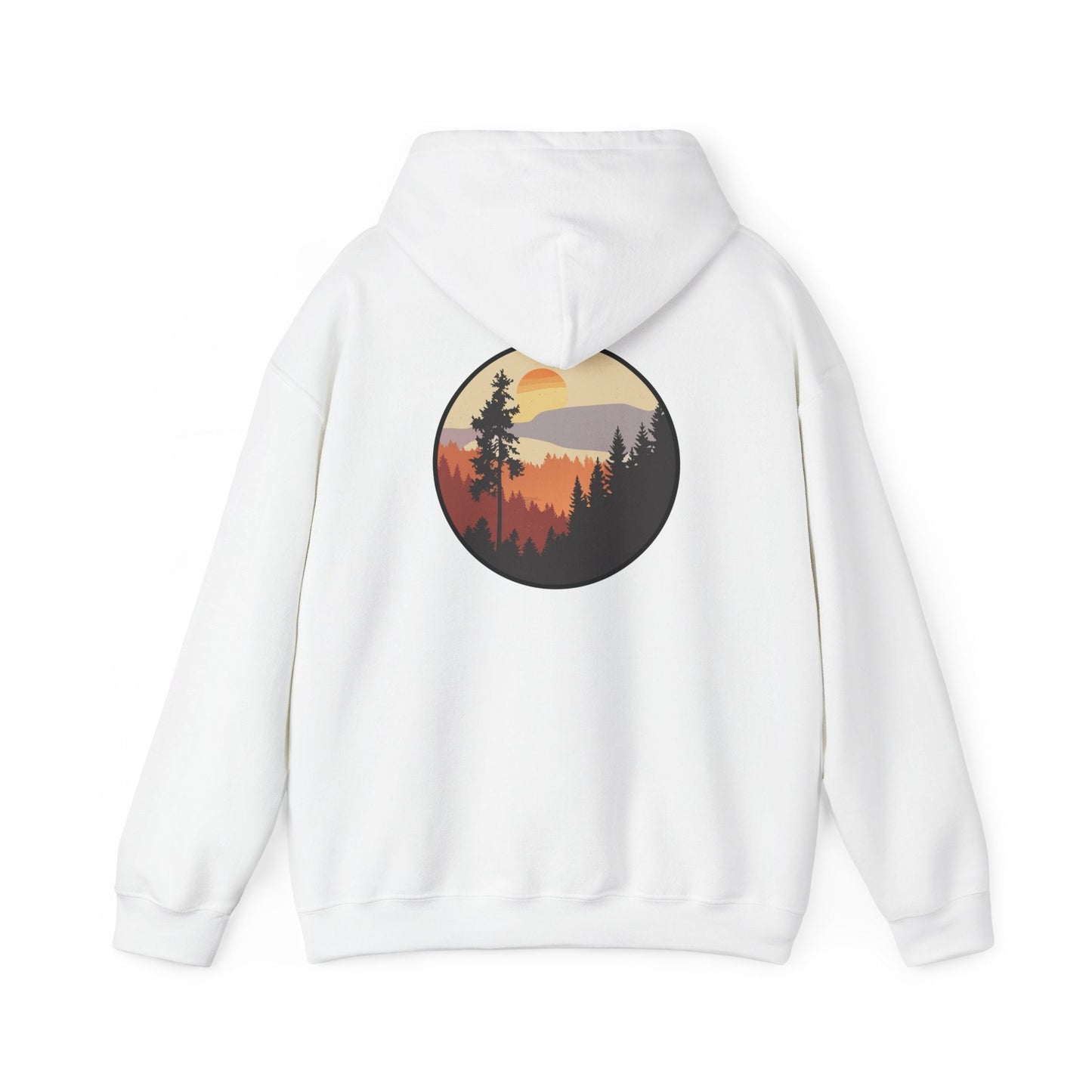 Hooded Sweatshirt GEMLON Sunset Pine Camping Retro Sun Print Graphic Printify
