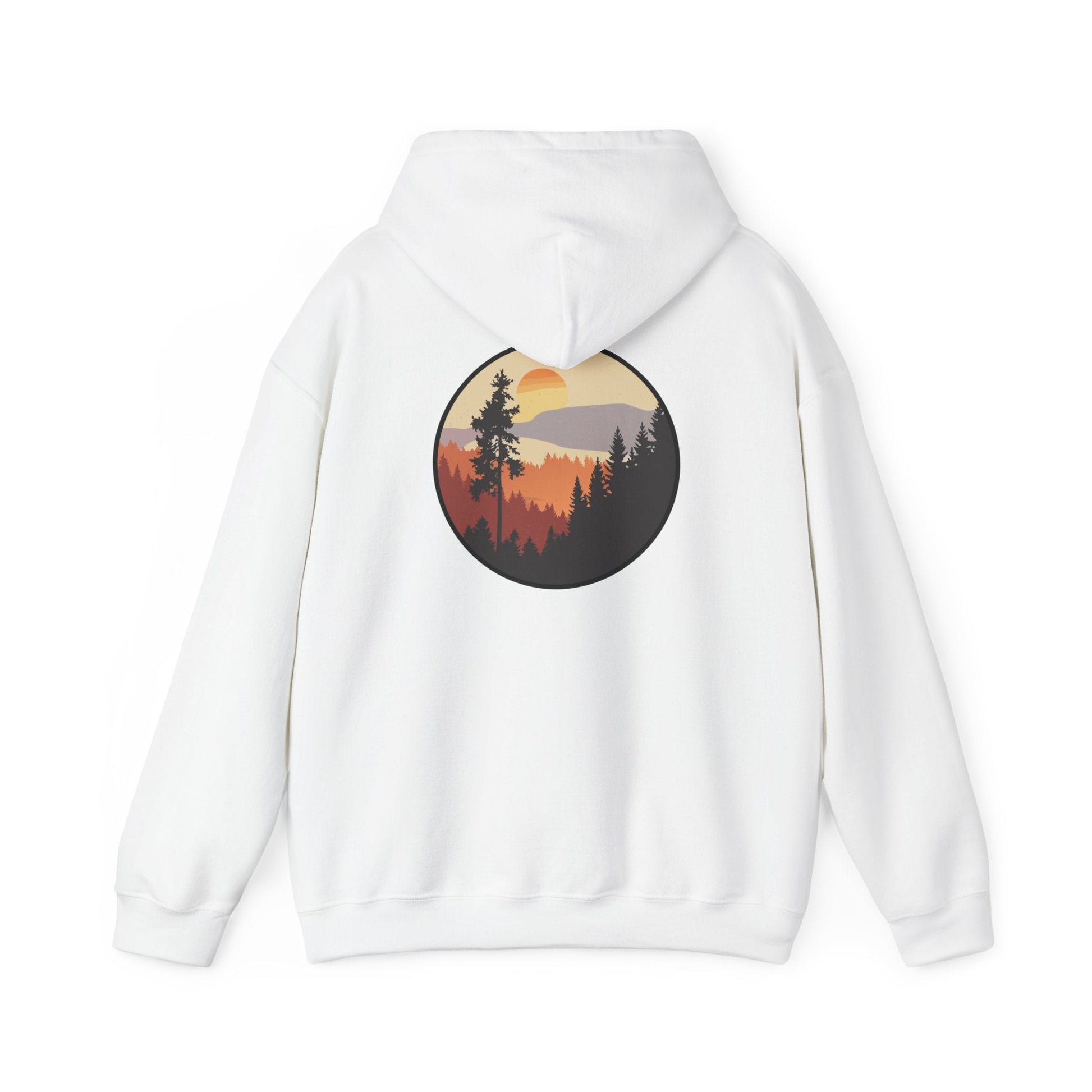 Hooded Sweatshirt GEMLON Sunset Pine Camping Retro Sun Print Graphic Printify