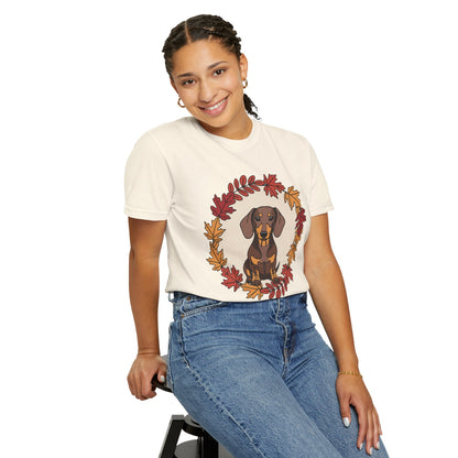 Autumn Dachshund T-Shirt, Fall Dog Lover Tee, Unisex Garment-Dyed Shirt, Cute Pet Apparel, Cozy Seasonal Gift Boho Wear