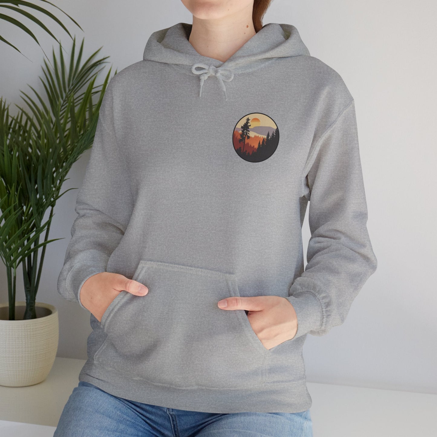 Hooded Sweatshirt GEMLON Sunset Pine Camping Retro Sun Print Graphic Printify