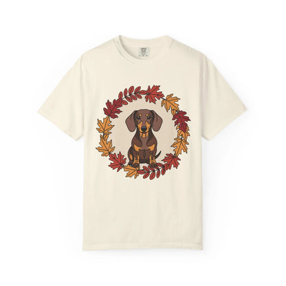 Autumn Dachshund T-Shirt, Fall Dog Lover Tee, Unisex Garment-Dyed Shirt, Cute Pet Apparel, Cozy Seasonal Gift Printify