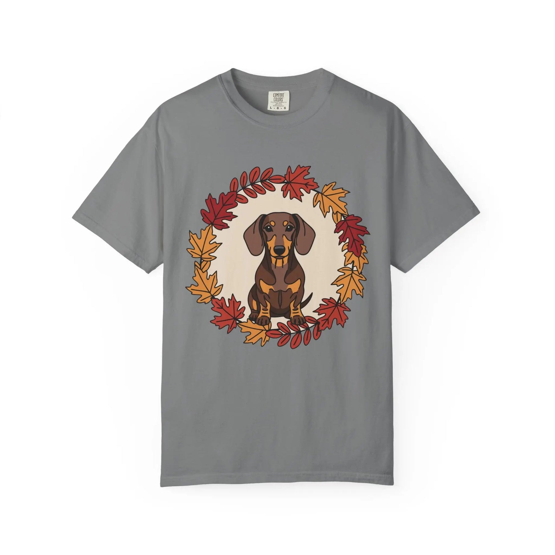 Autumn Dachshund T-Shirt, Fall Dog Lover Tee, Unisex Garment-Dyed Shirt, Cute Pet Apparel, Cozy Seasonal Gift Printify