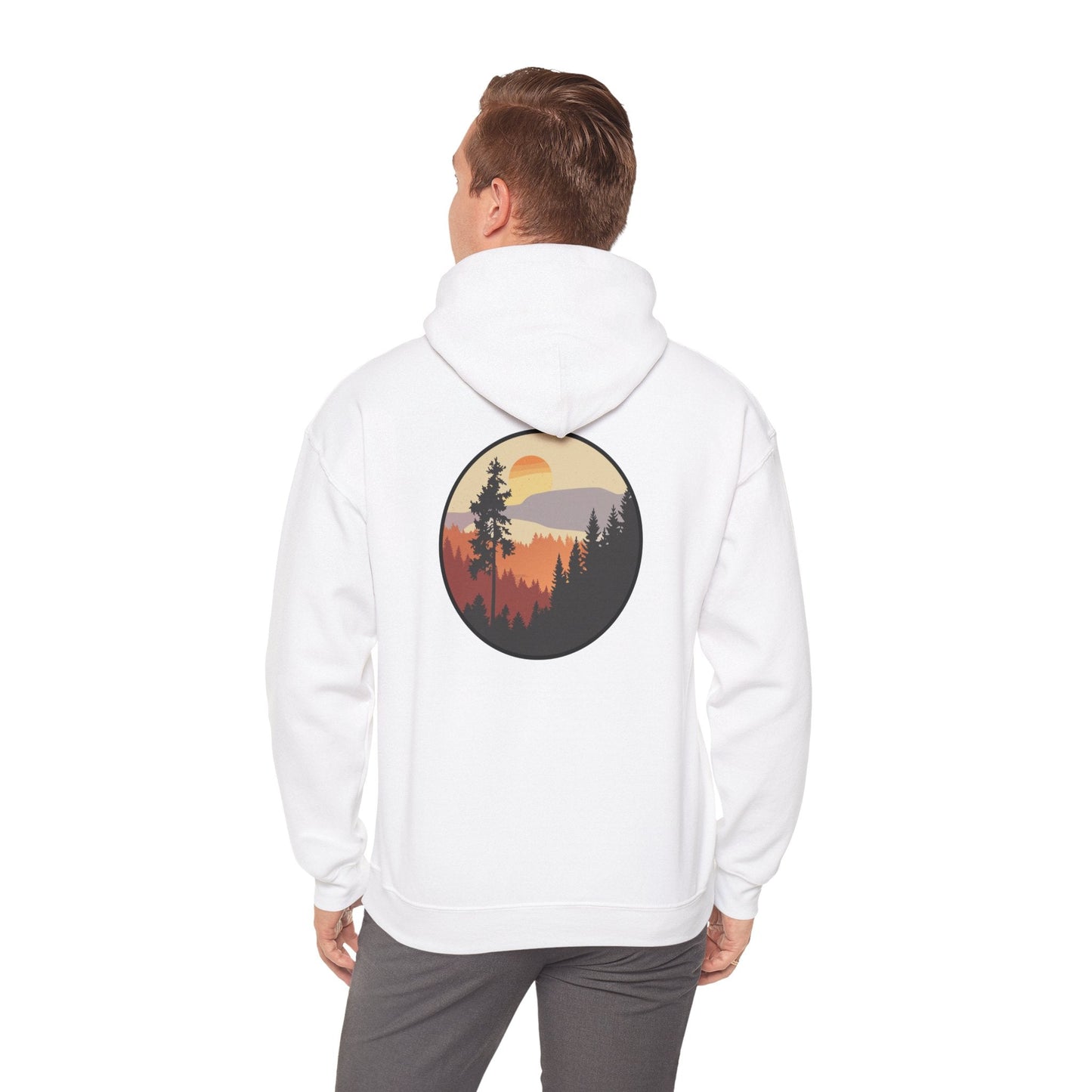 Hooded Sweatshirt GEMLON Sunset Pine Camping Retro Sun Print Graphic Printify