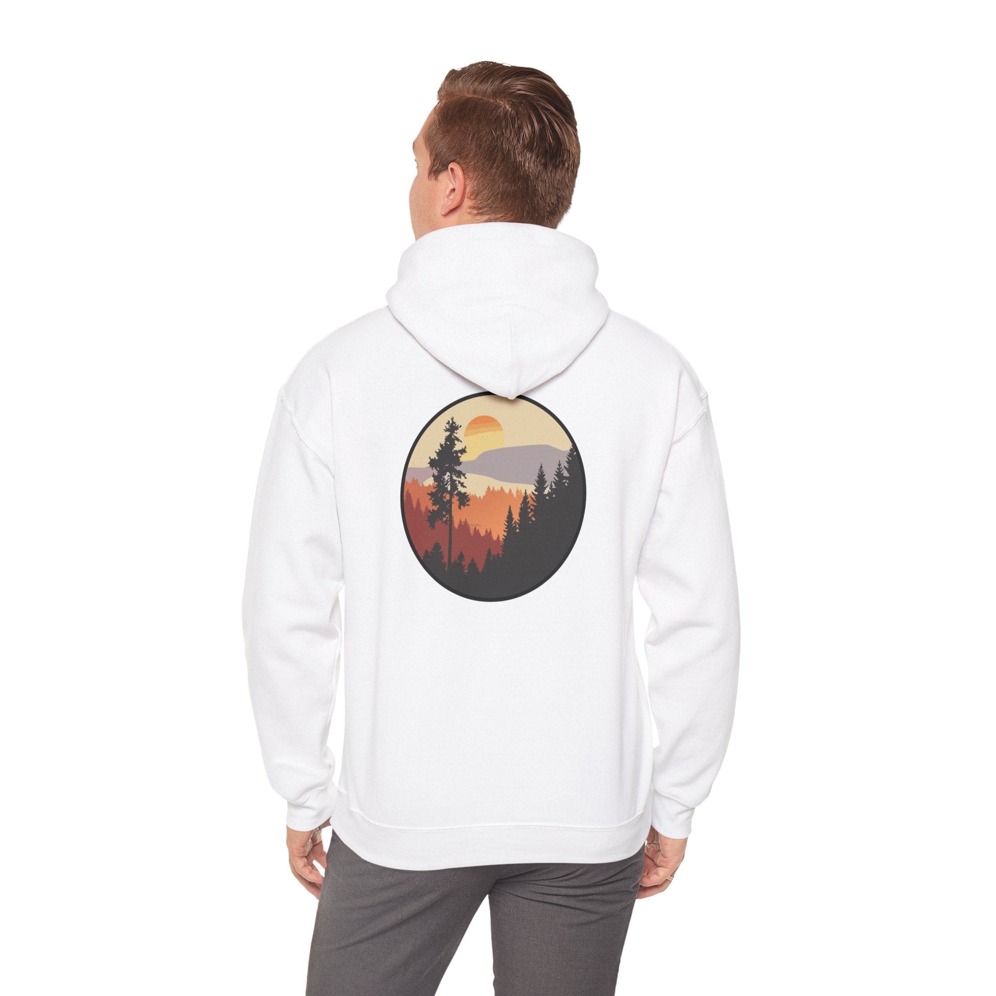 Hooded Sweatshirt GEMLON Sunset Pine Camping Retro Sun Print Graphic Printify