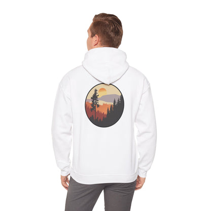 Hooded Sweatshirt GEMLON Sunset Pine Camping Retro Sun Print Graphic Printify