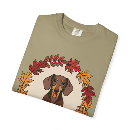 Autumn Dachshund T-Shirt, Fall Dog Lover Tee, Unisex Garment-Dyed Shirt, Cute Pet Apparel, Cozy Seasonal Gift Boho Wear