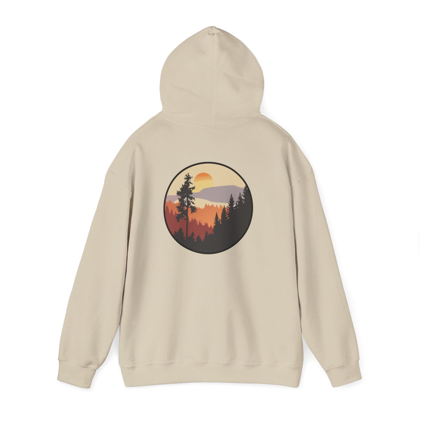 Hooded Sweatshirt GEMLON Sunset Pine Camping Retro Sun Print Graphic Printify