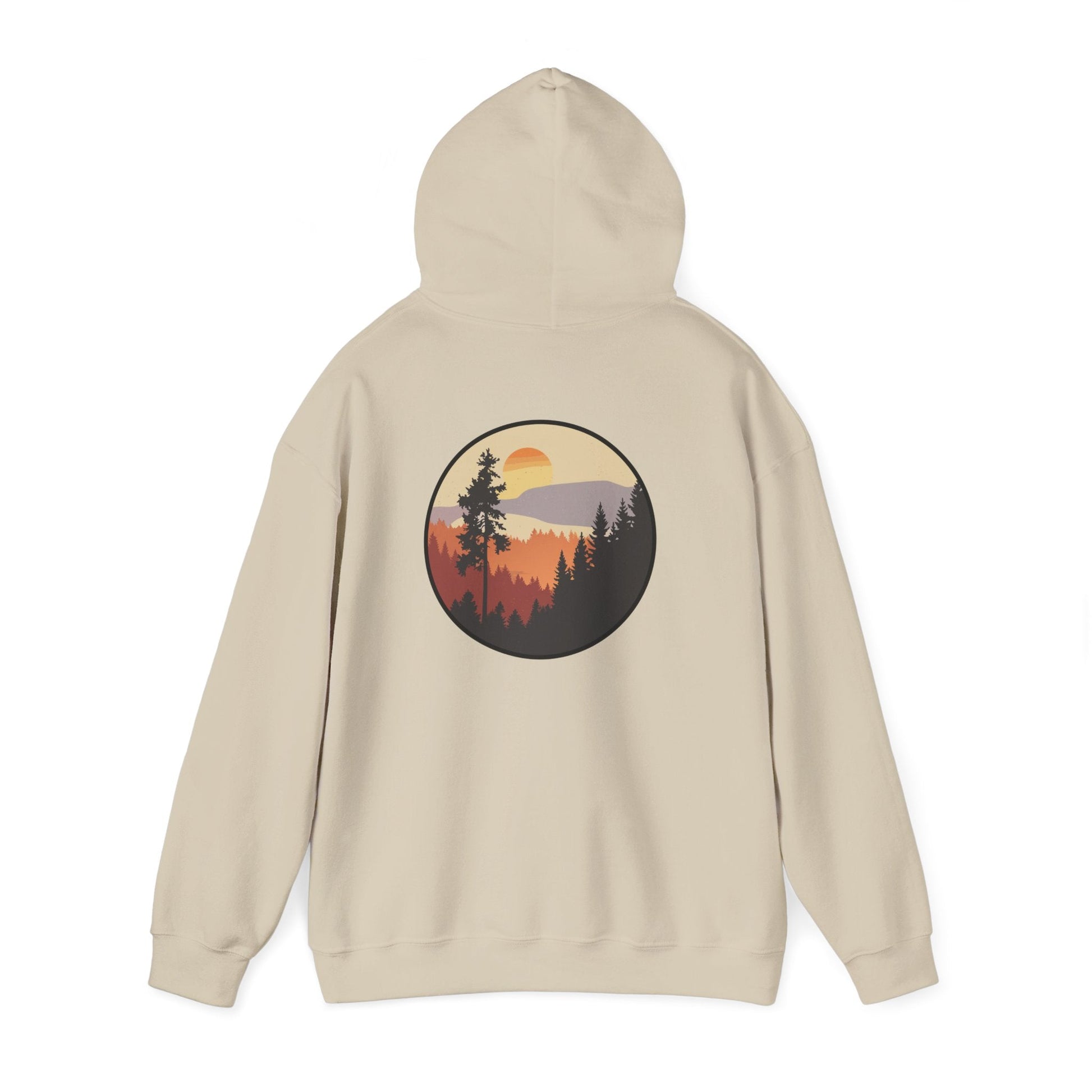 Hooded Sweatshirt GEMLON Sunset Pine Camping Retro Sun Print Graphic Printify
