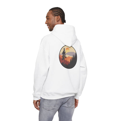 Hooded Sweatshirt GEMLON Sunset Pine Camping Retro Sun Print Graphic Printify