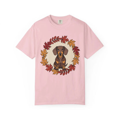 Autumn Dachshund T-Shirt, Fall Dog Lover Tee, Unisex Garment-Dyed Shirt, Cute Pet Apparel, Cozy Seasonal Gift Printify