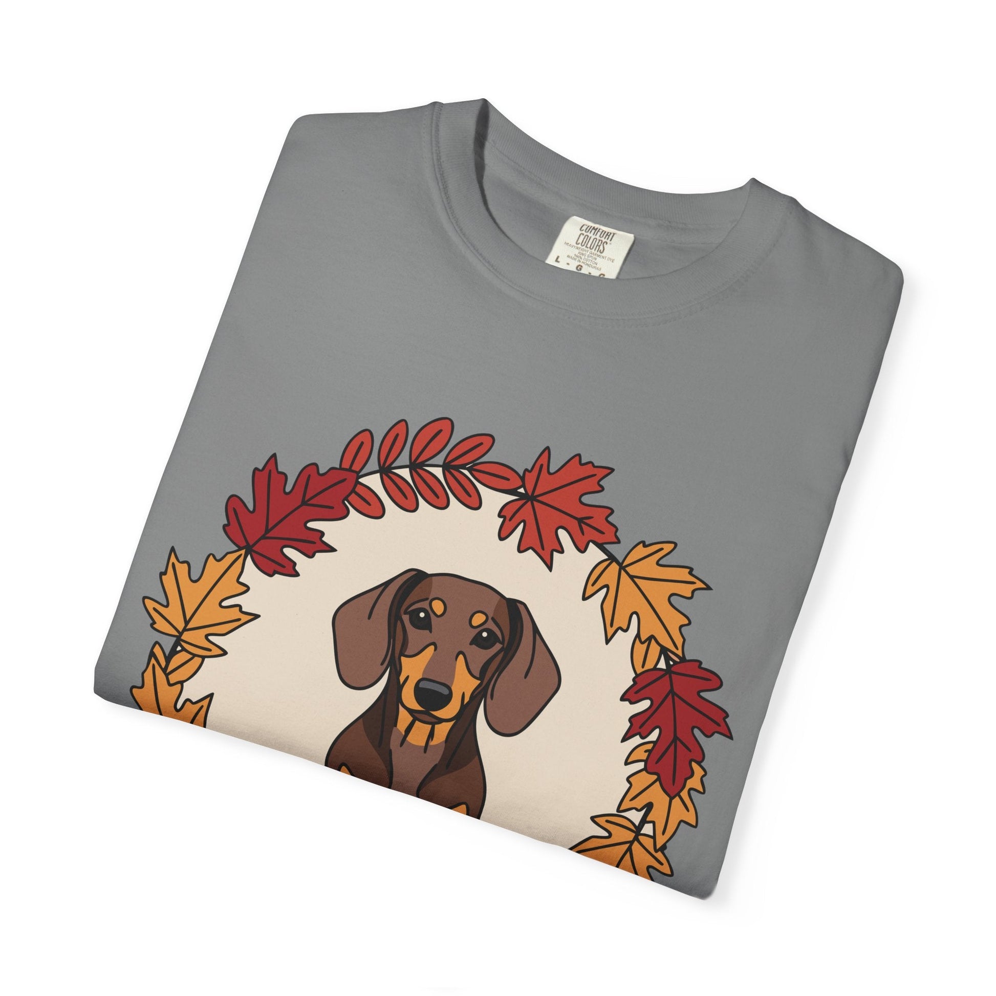 Autumn Dachshund T-Shirt, Fall Dog Lover Tee, Unisex Garment-Dyed Shirt, Cute Pet Apparel, Cozy Seasonal Gift Boho Wear