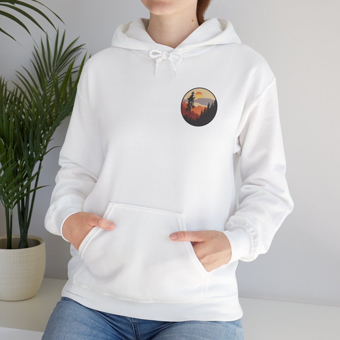 Hooded Sweatshirt GEMLON Sunset Pine Camping Retro Sun Print Graphic Printify