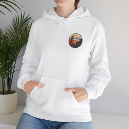 Hooded Sweatshirt GEMLON Sunset Pine Camping Retro Sun Print Graphic Printify