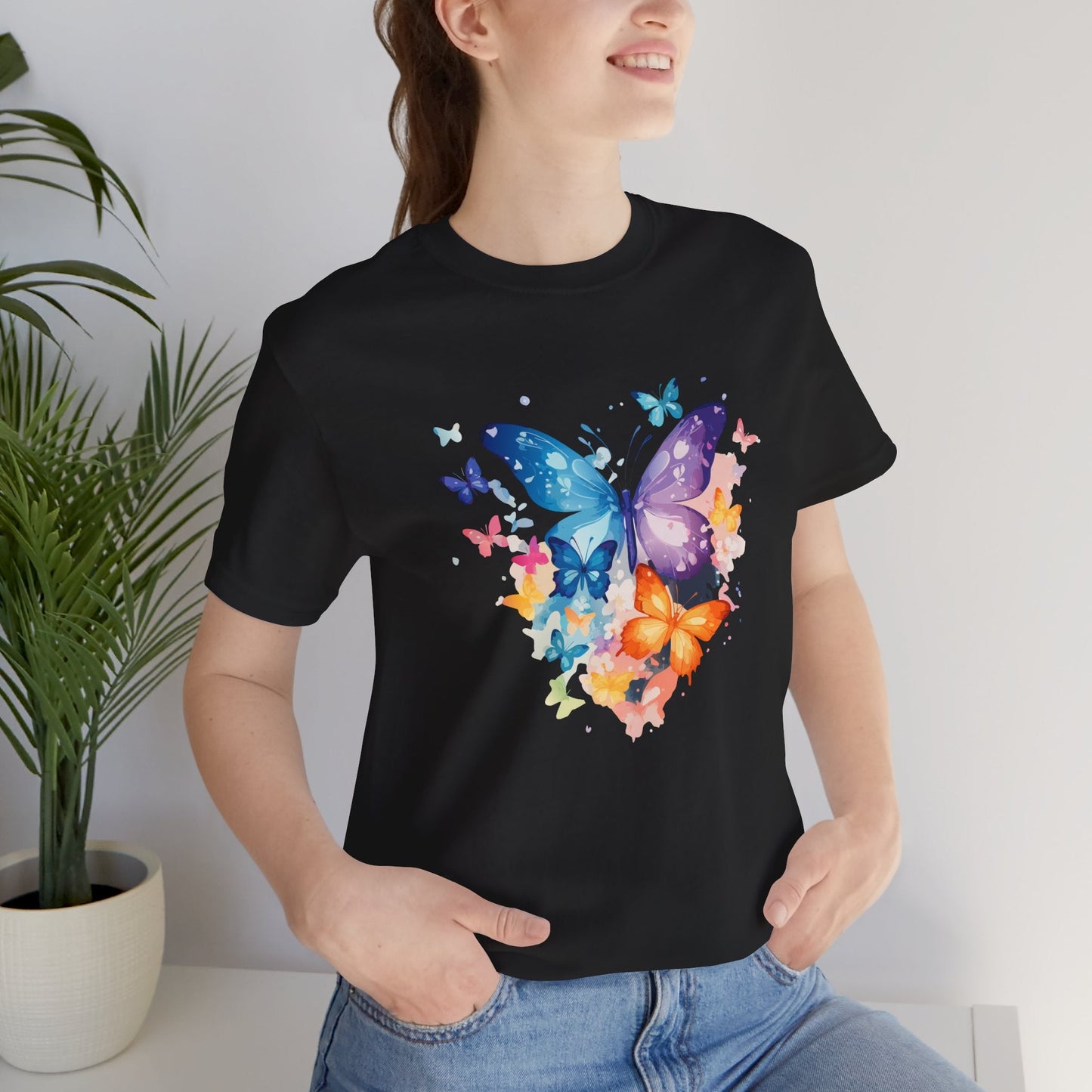 Colorful Butterfly Unisex Jersey Tee, Floral Tee, Butterfly Art Shirt, Gift for Nature Lovers, Summer Style, Nature Inspired Apparel Boho Wear