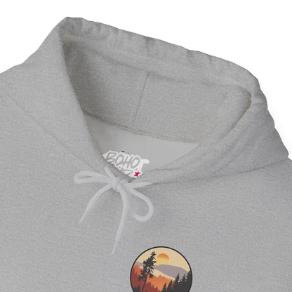 Hooded Sweatshirt GEMLON Sunset Pine Camping Retro Sun Print Graphic Printify