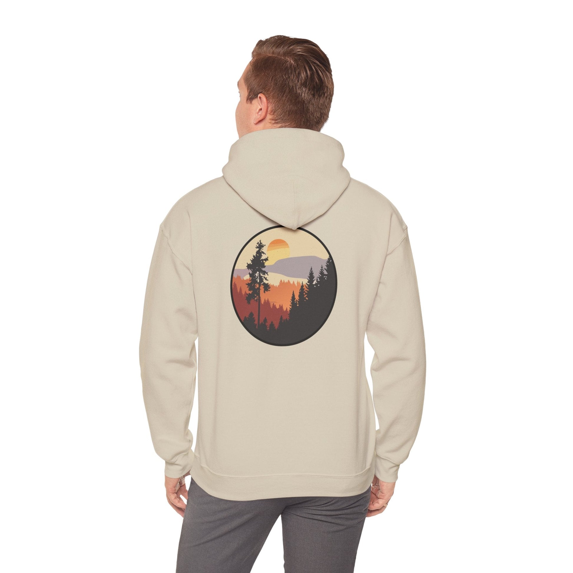 Hooded Sweatshirt GEMLON Sunset Pine Camping Retro Sun Print Graphic Printify