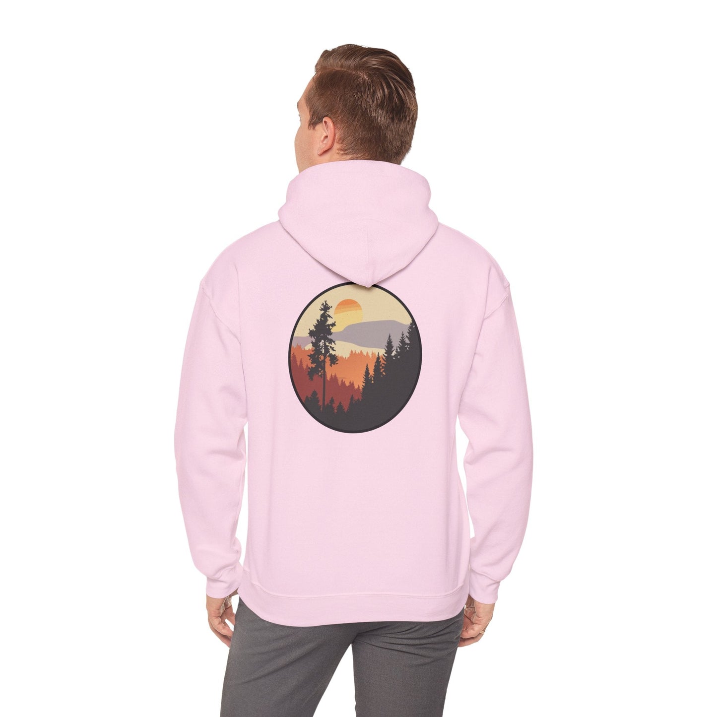 Hooded Sweatshirt GEMLON Sunset Pine Camping Retro Sun Print Graphic Printify