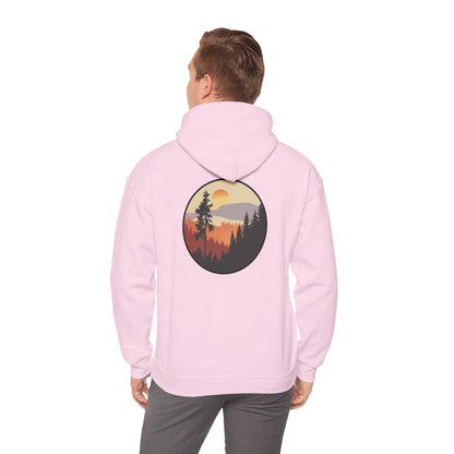 Hooded Sweatshirt GEMLON Sunset Pine Camping Retro Sun Print Graphic Printify