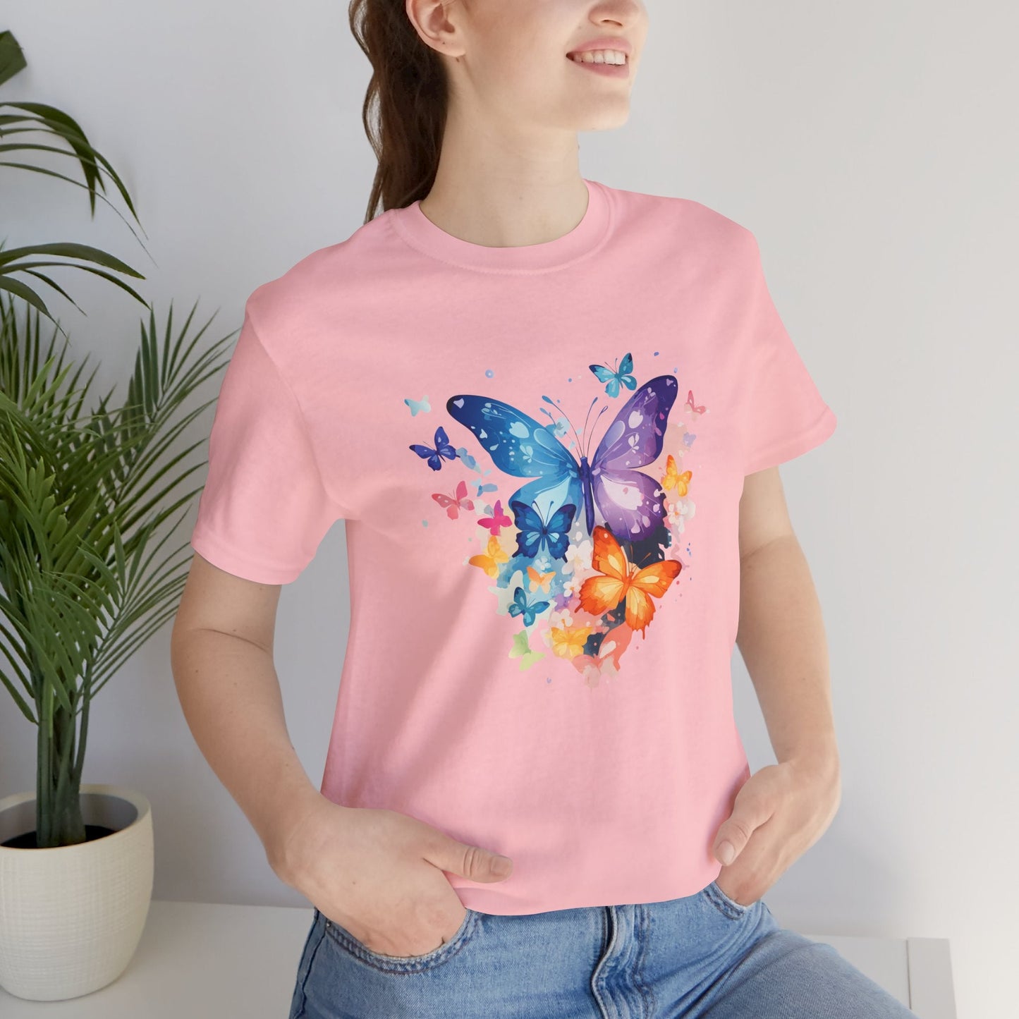Colorful Butterfly Unisex Jersey Tee, Floral Tee, Butterfly Art Shirt, Gift for Nature Lovers, Summer Style, Nature Inspired Apparel Boho Wear