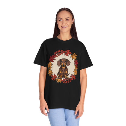 Autumn Dachshund T-Shirt, Fall Dog Lover Tee, Unisex Garment-Dyed Shirt, Cute Pet Apparel, Cozy Seasonal Gift Boho Wear