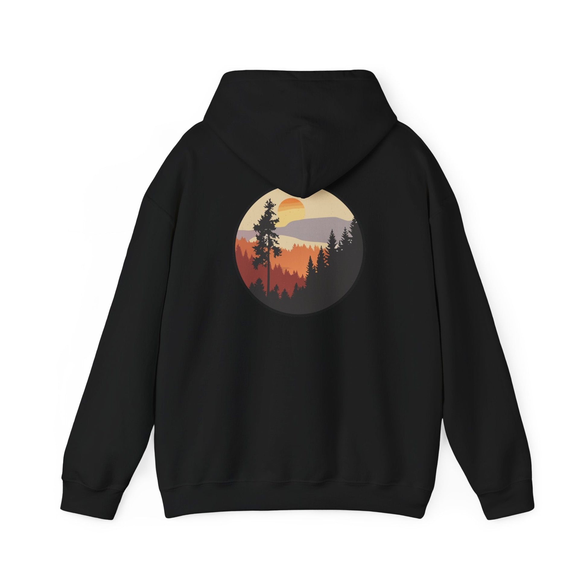 Hooded Sweatshirt GEMLON Sunset Pine Camping Retro Sun Print Graphic Printify