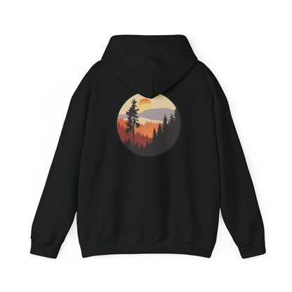 Hooded Sweatshirt GEMLON Sunset Pine Camping Retro Sun Print Graphic Printify