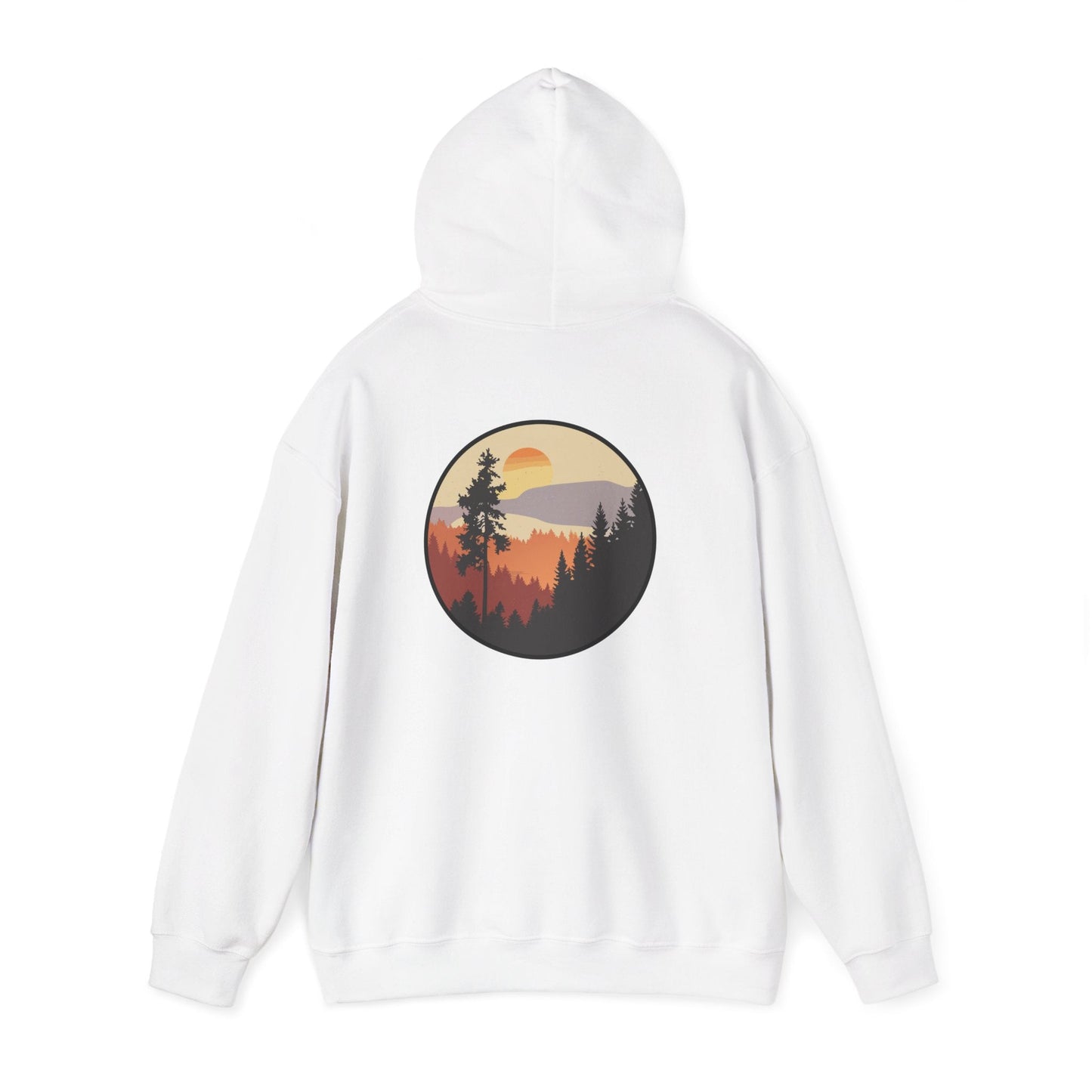 Hooded Sweatshirt GEMLON Sunset Pine Camping Retro Sun Print Graphic Printify