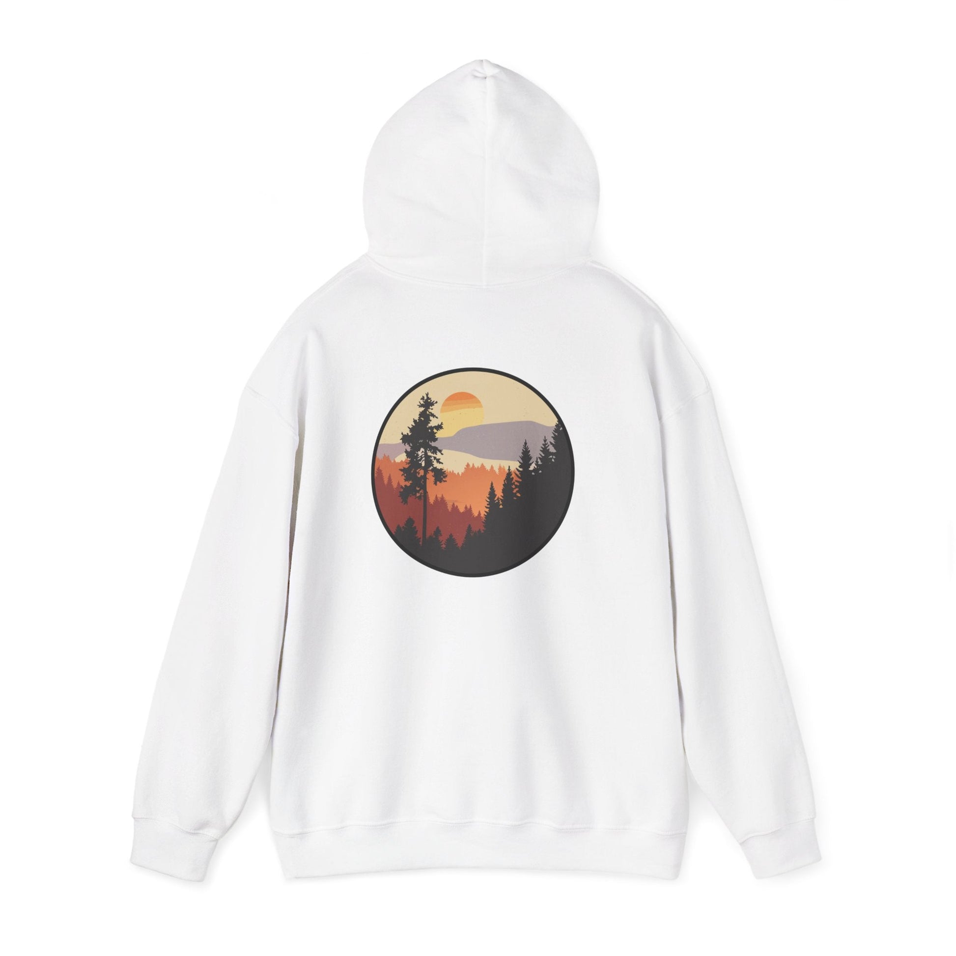 Hooded Sweatshirt GEMLON Sunset Pine Camping Retro Sun Print Graphic Printify